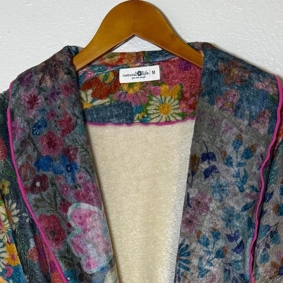 Natural Life Women Robe Med Floral Patchwork Fleece Boho Loungewear Relaxation - Picture 3 of 10
